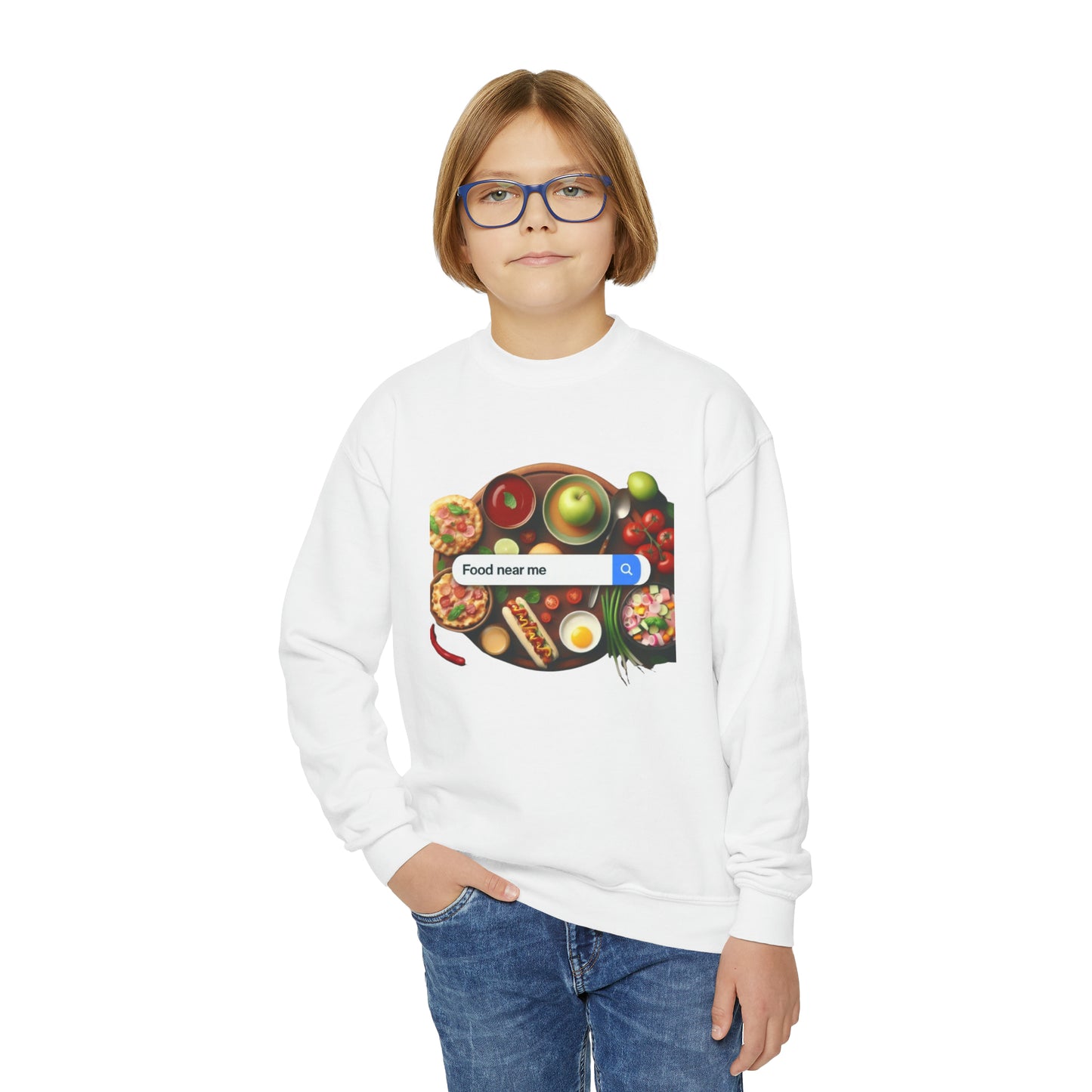 Food Near Me, Funny Gift, Youth Crewneck Sweatshirt