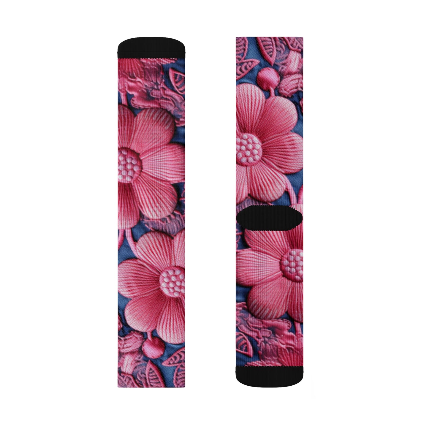 Denim Blue Doll Pink Floral Embroidery Style Fabric Flowers - Sublimation Socks