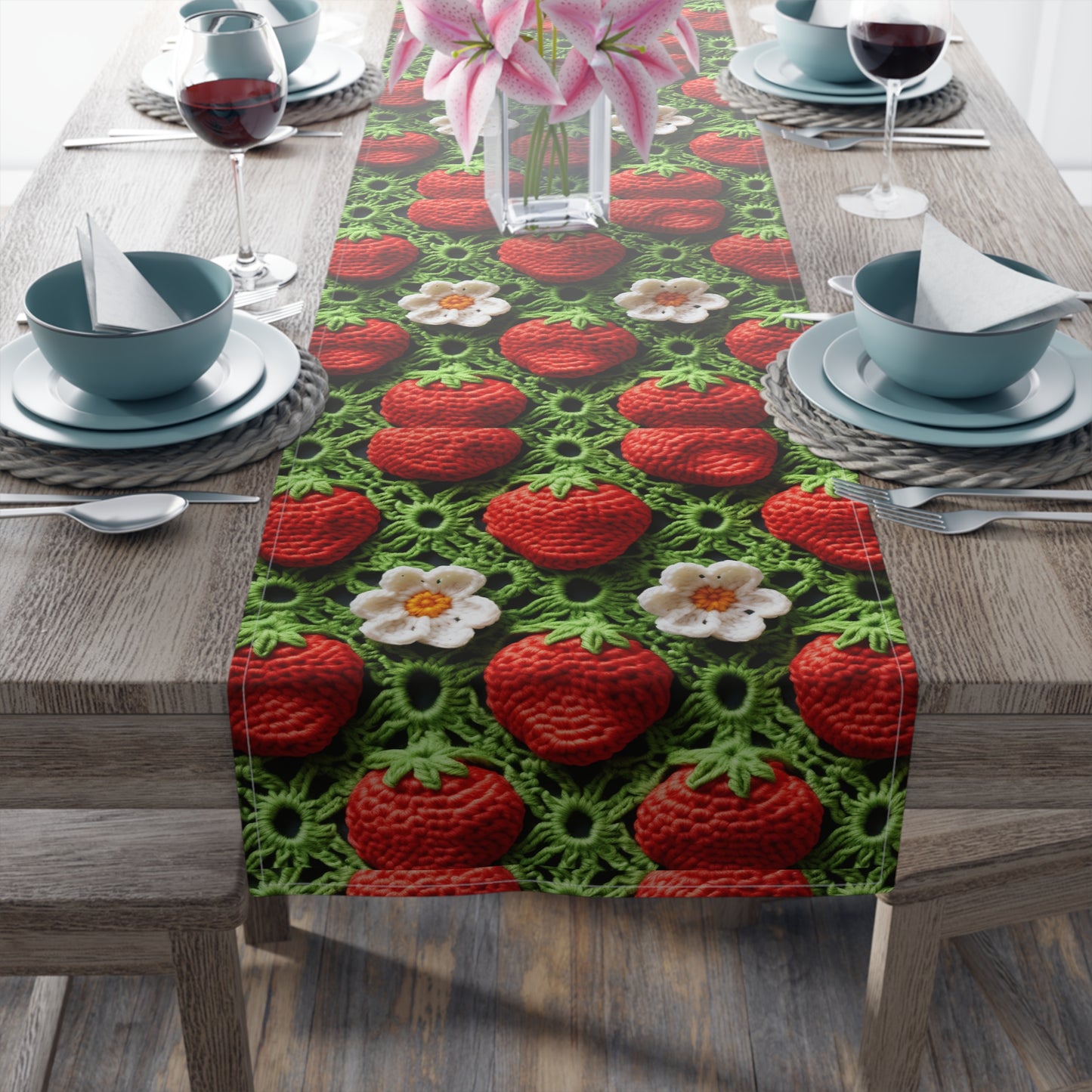 Strawberry Field Crochet - Forever Forest Greens - Fruit Berry Harvest Crop - Table Runner (Cotton, Poly)