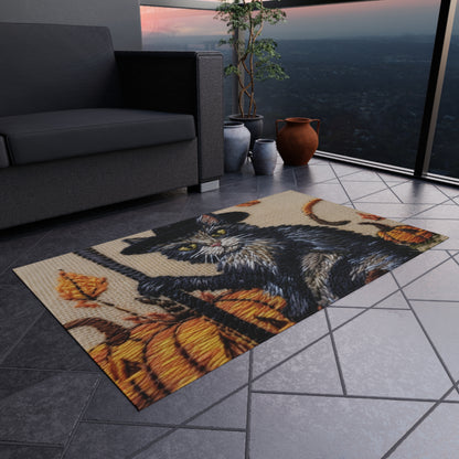 Halloween Cat Magic: Embroidered Style Feline with Pumpkins & Witch Hat - Outdoor Rug