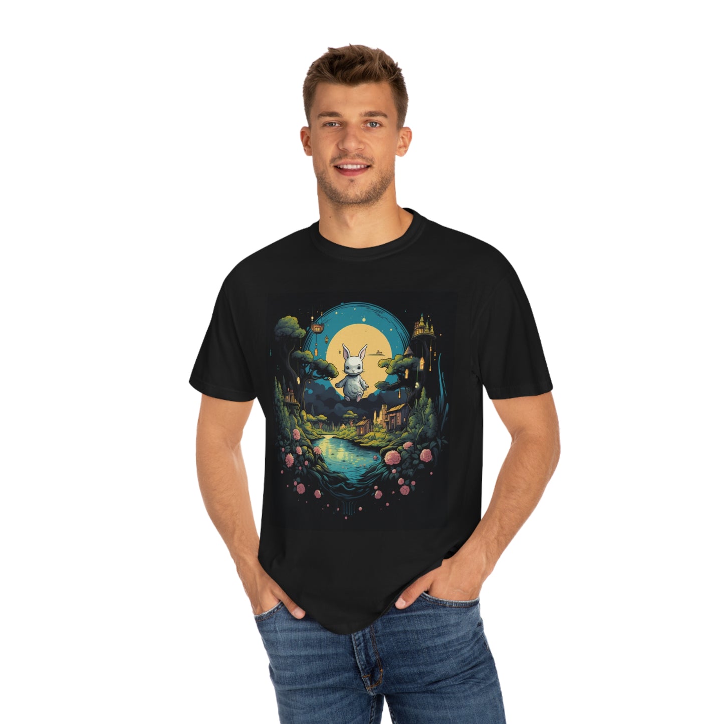 White Rabbit Mystery Psychedelic Fantasy Anime Cartoon Bunny - Unisex Garment-Dyed T-shirt