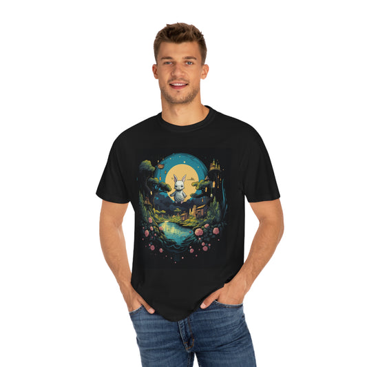 White Rabbit Mystery Psychedelic Fantasy Anime Cartoon Bunny - Camiseta unisex teñida de ropa 