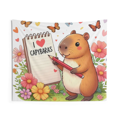 Capybara Holding Pencil and Notepad with I Love Capybaras, Cute Rodent Surrounded by Flowers and Butterflies, Indoor Wall Tapestries