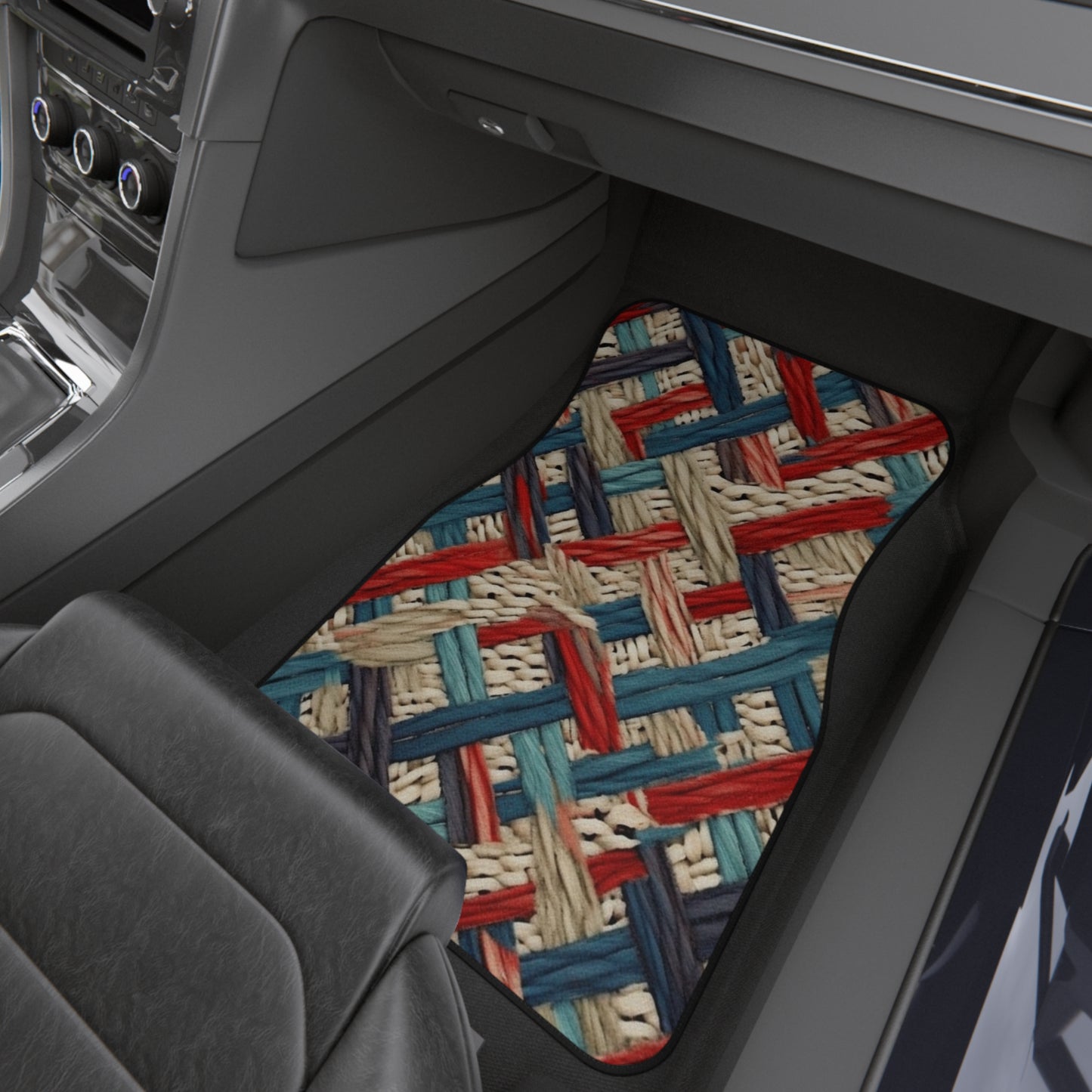 Colorful Yarn Knot: Denim-Inspired Fabric in Red, White, Light Blue - Car Mats (Set of 4)