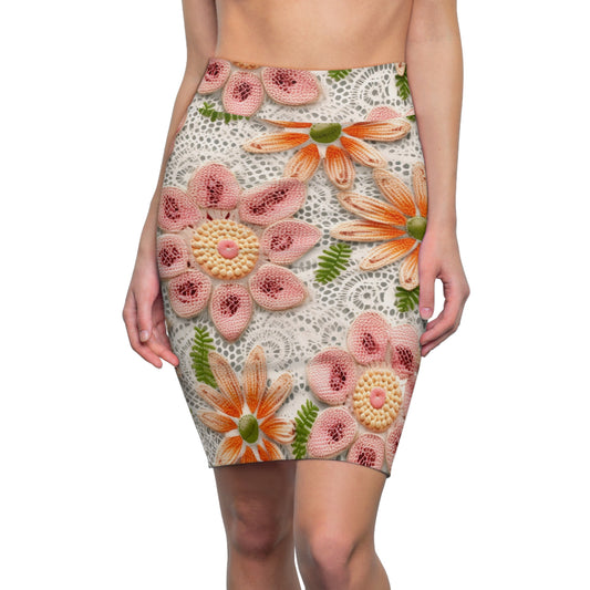 Floral Embroidered Eyelet: Delicate Flower Elegant Pattern - Women's Pencil Skirt (AOP)