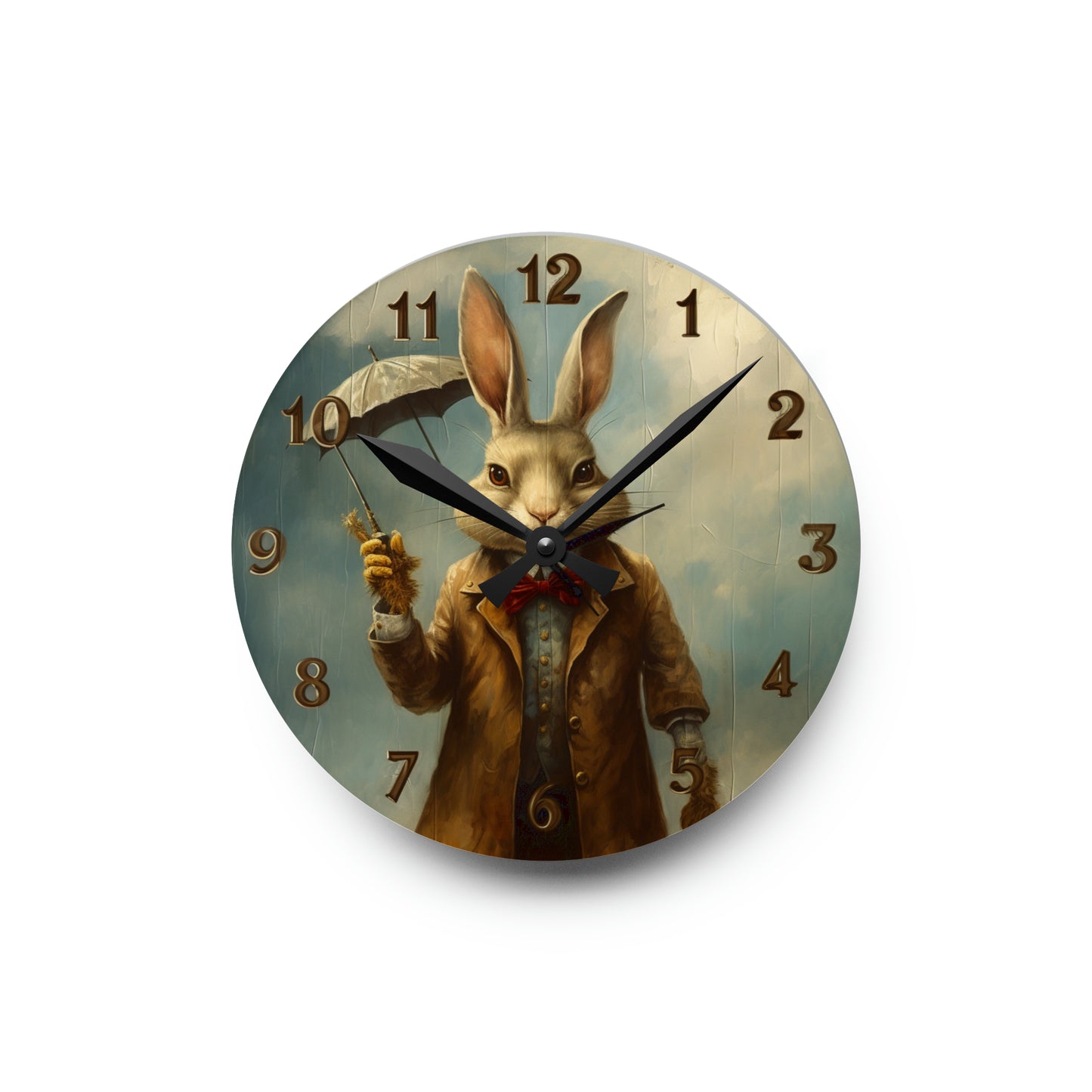 Old Rabbit Wearing Coat and Holding Umbrella Acrylic Wall Clock