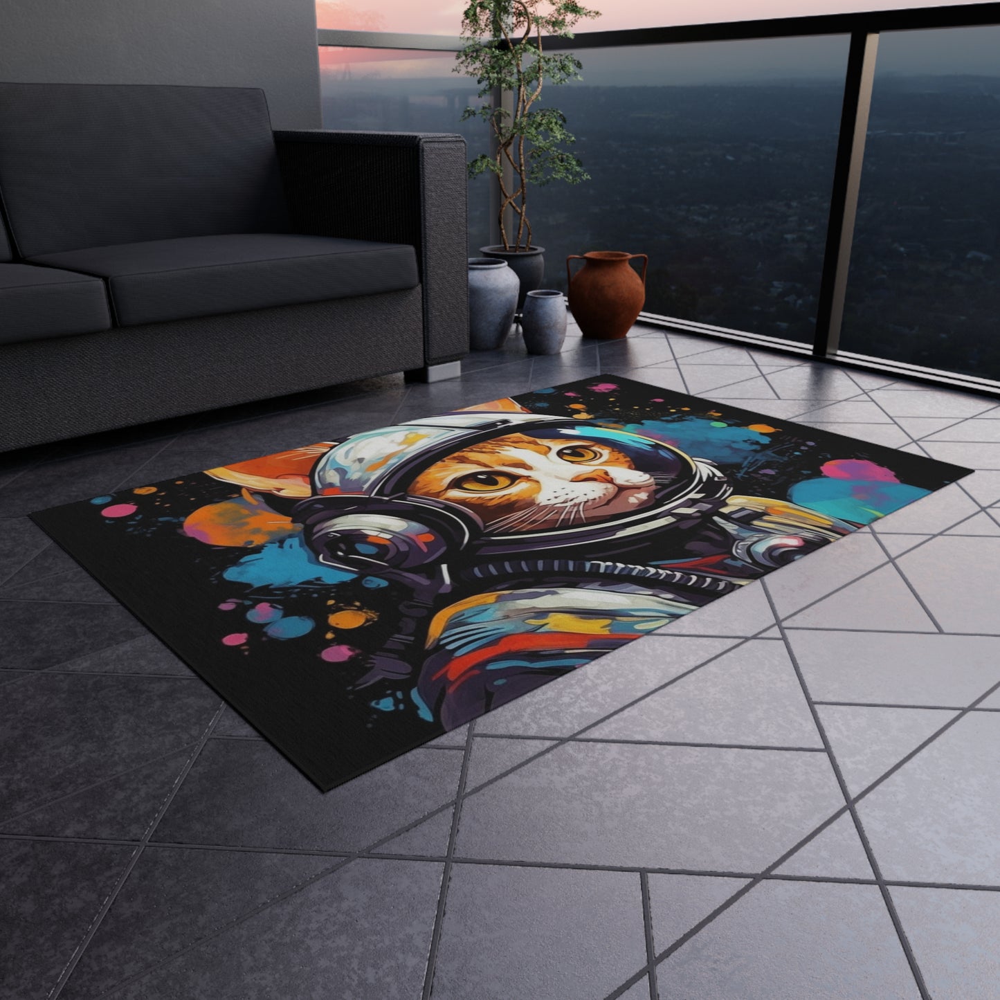 Astro Cat Adventure Feline - Pop Art, Floating in Cosmic Space - Outdoor Rug