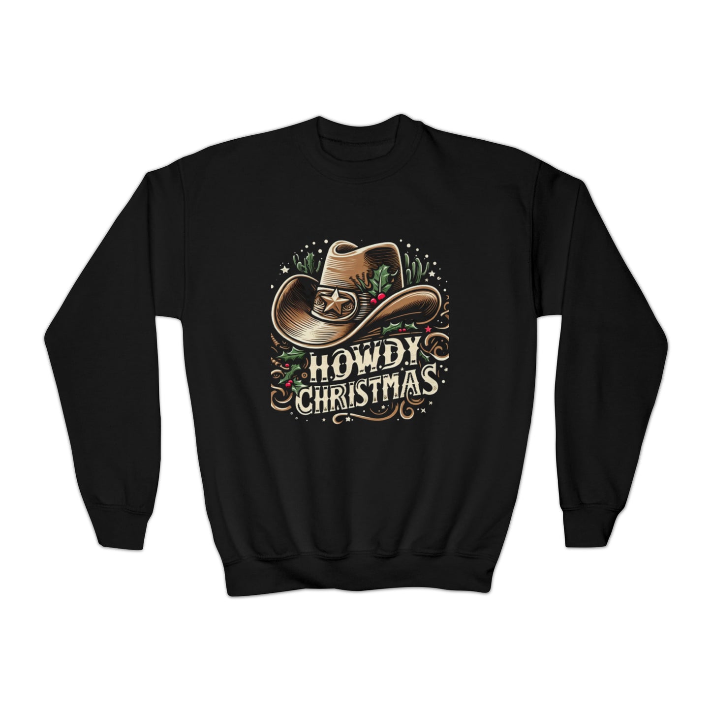 Cowboy Christmas Spirit - Saludos navideños occidentales con acebo y estrellas - Sudadera con cuello redondo para jóvenes