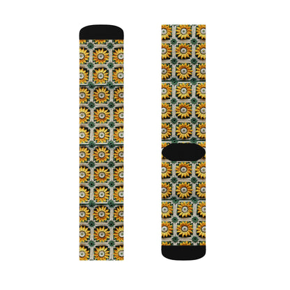 Sunflower Crochet Elegance, Granny Square Design, Radiant Floral Motif. Bring the Warmth of Sunflowers to Your Space - Sublimation Socks