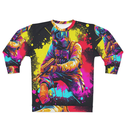 Paintball Action Sport: jugador en batalla, salpicaduras de pintura - Sudadera unisex (AOP) 