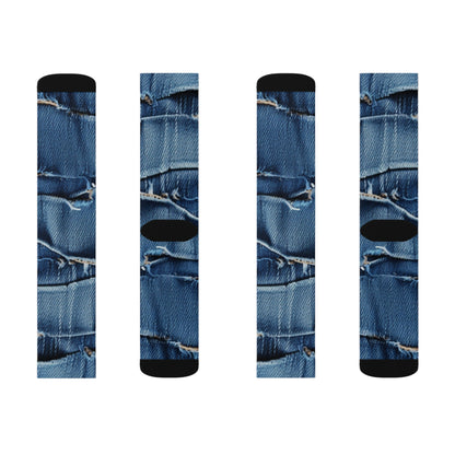 Midnight Blue Distressed Denim: Rugged, Torn & Stylish Design - Sublimation Socks