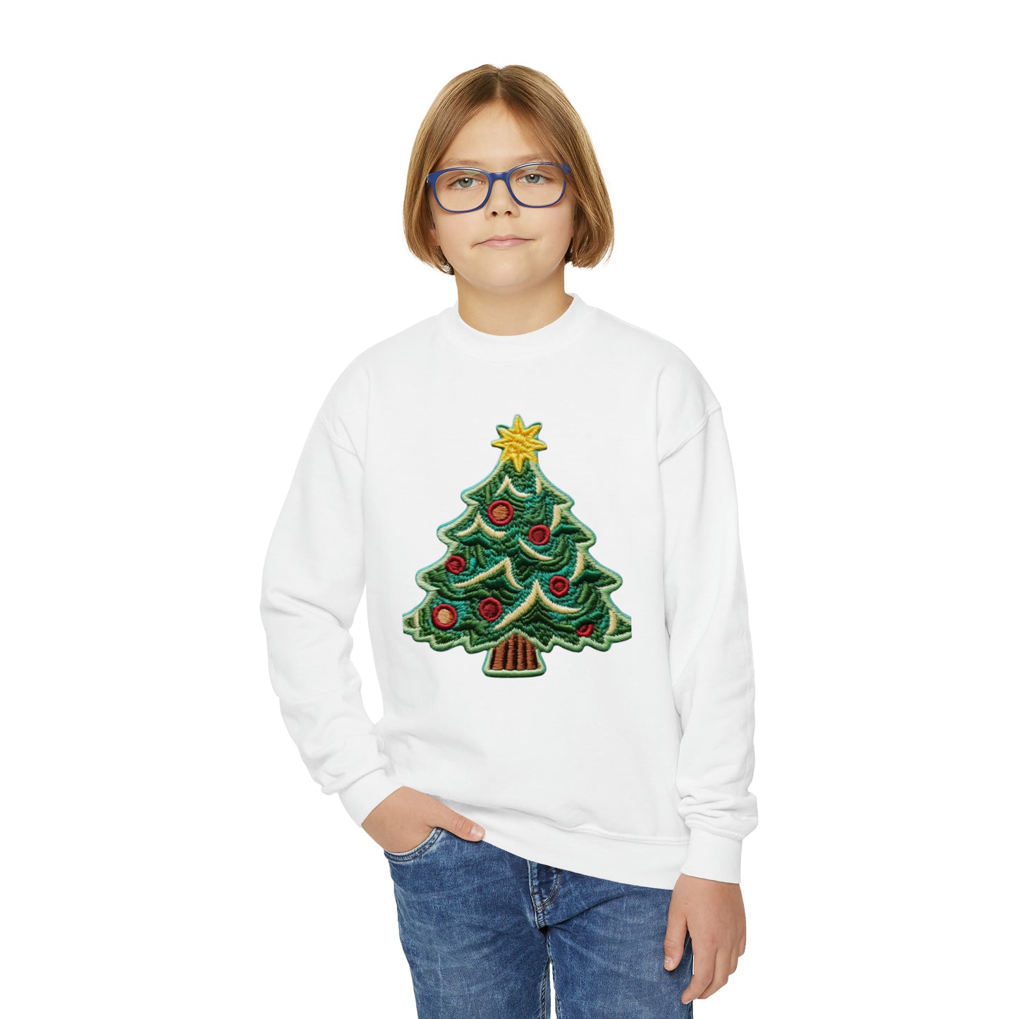 Chenille Christmas Tree: Embroidered Festive Holiday Patch - Youth Crewneck Sweatshirt