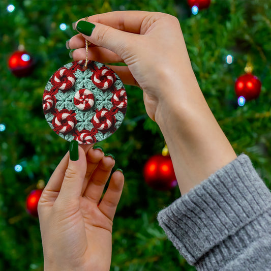 Christmas Crochet Candy Cane - Pepper Red Crystal White Holiday Pattern - Ceramic Ornament, 4 Shapes