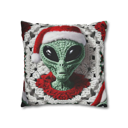 Santa's Cosmic Secret: Jolly Green Christmas Extraterrestrial with Festive Attire Crochet Art - Spun Polyester Square Pillow Case