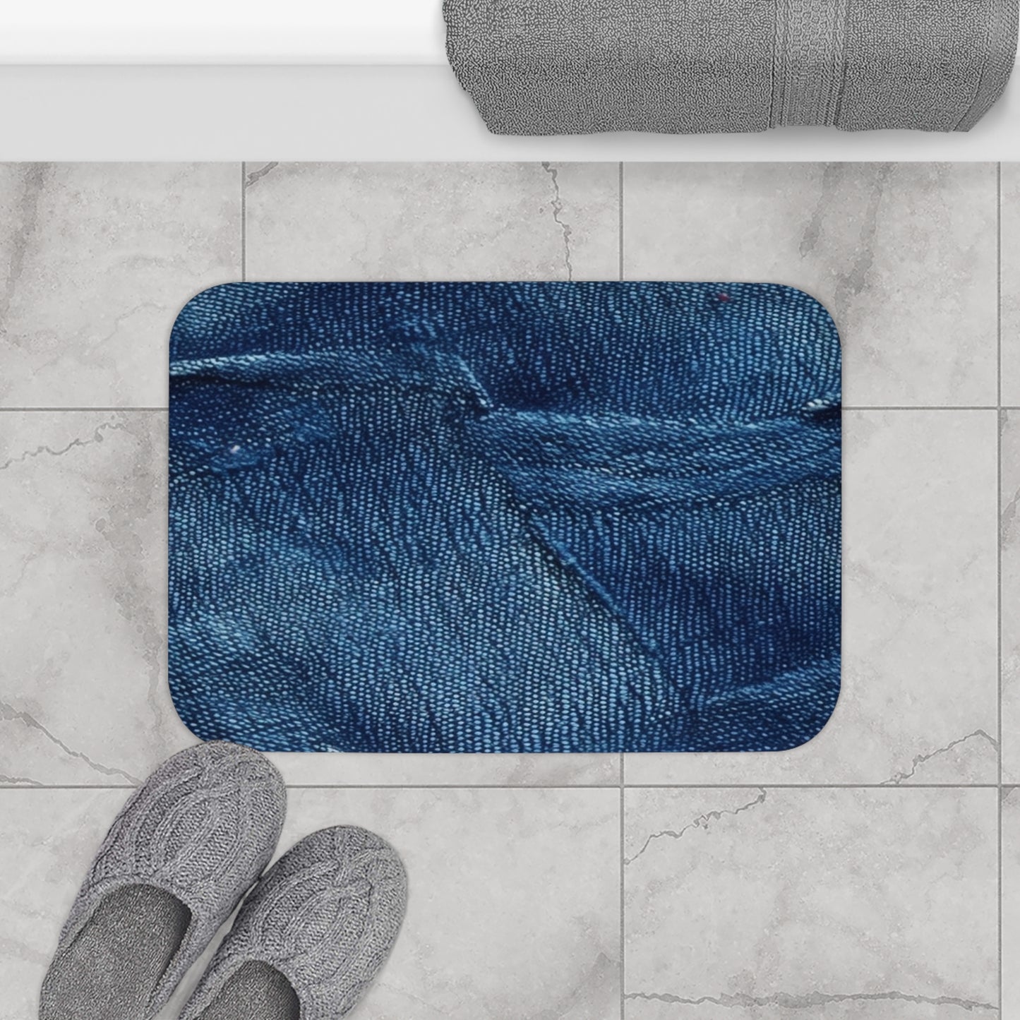 Dark Blue: Distressed Denim-Inspired Fabric Design - Bath Mat