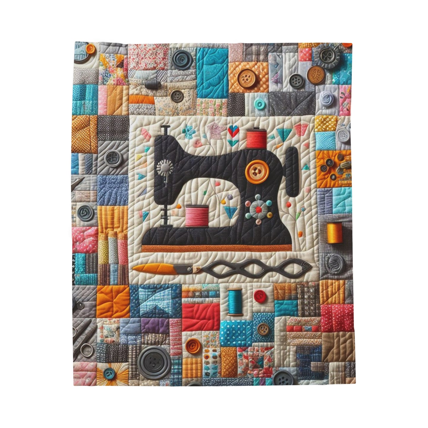 Colorful Quilted Mosaic, Retro Sewing Design - Velveteen Plush Blanket