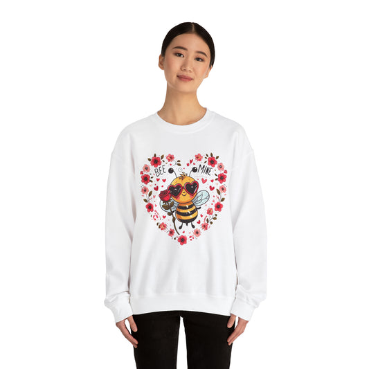 Whimsical Bee Love: Heartfelt Valentines Design with Floral Accents and Heart Sunglasses - Unisex Heavy Blend™ Crewneck Sweatshirt