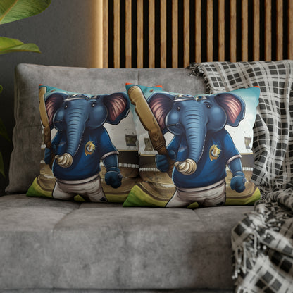 India Elephant Cricket Sport Star: Pitch, Run, Stump Game - Animated Charm - Spun Polyester Square Pillow Case