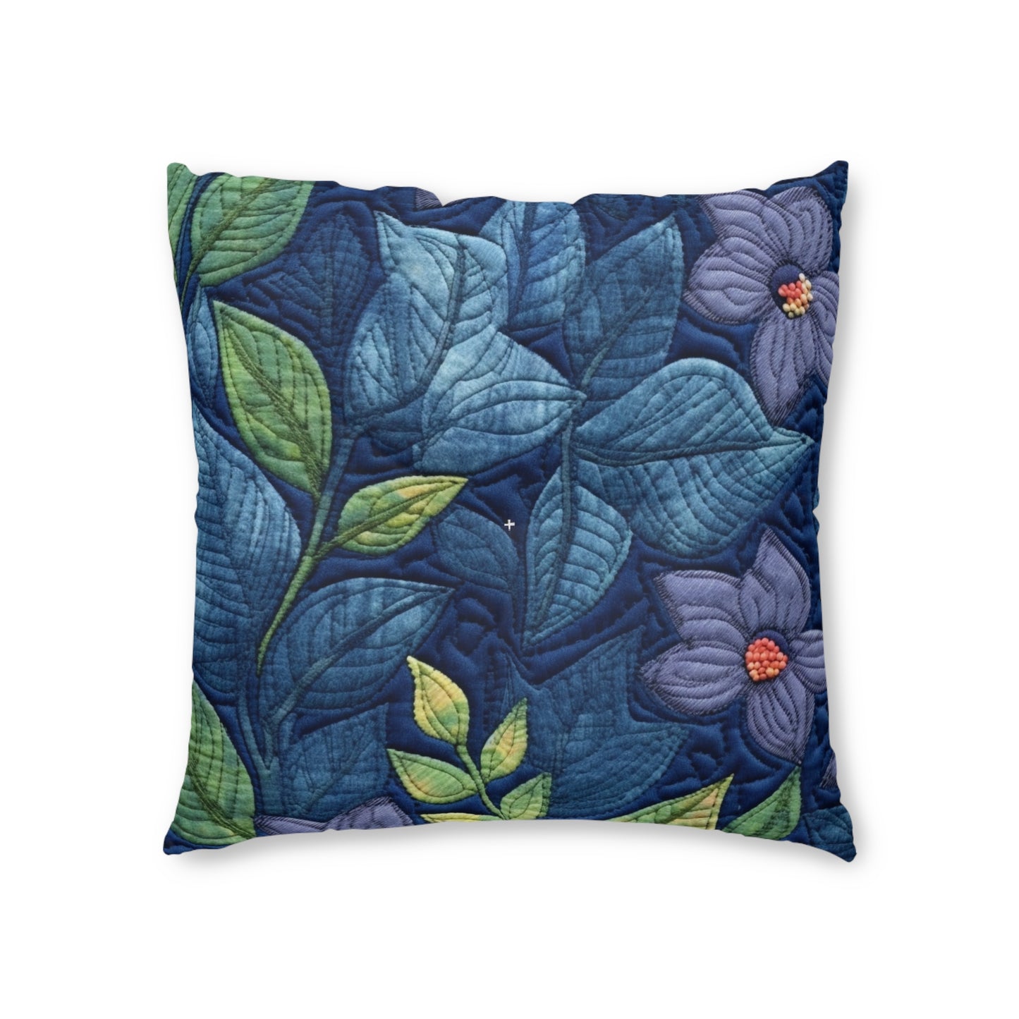 Floral Embroidery Blue: Denim-Inspired, Artisan-Crafted Flower Design - Tufted Floor Pillow, Square