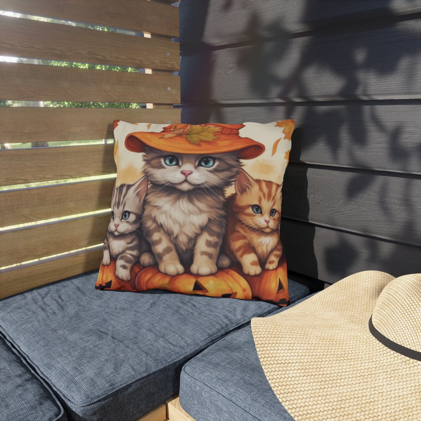 Kitty Cat Kittens Halloween - Cute Furries on Pumpkin - Festive Feline Decor - Outdoor Pillows