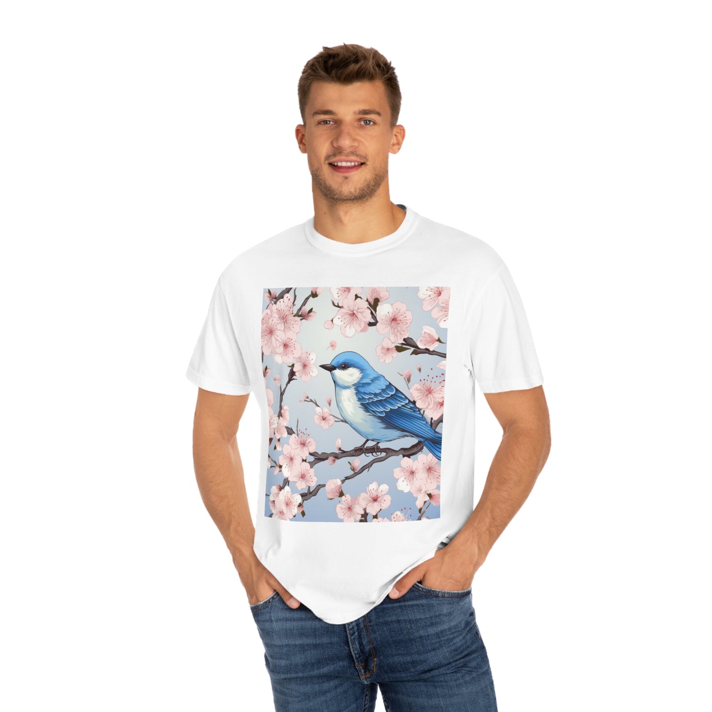 Cherry Blossom Tree Blue Bird Unisex Garment-Dyed T-shirt