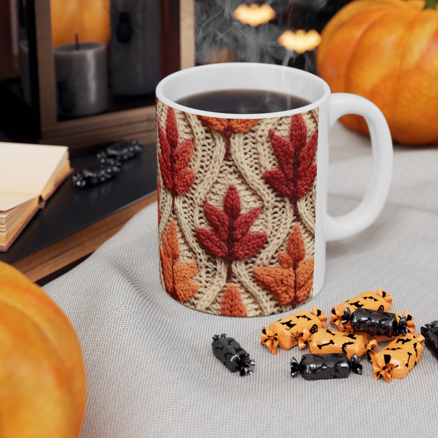 Crochet Fall Leaves: Harvest Rustic Design - Golden Browns -Woodland Maple Magic - Ceramic Mug 11oz