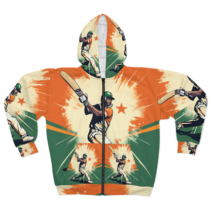 India Cricket Star: Batsman With Willow Bat, National Flag Style - Sport Game - Unisex Zip Hoodie (AOP)