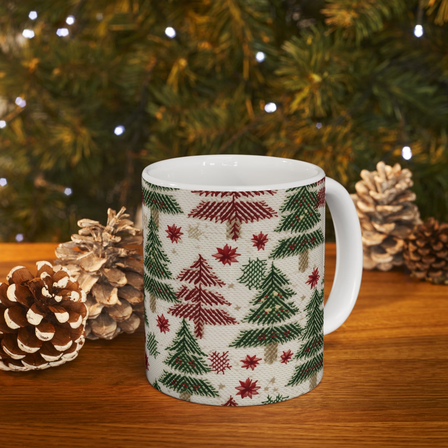 Invierno navideño bordado, costuras festivas, diseño clásico de temporada - Taza de cerámica de 11 oz 