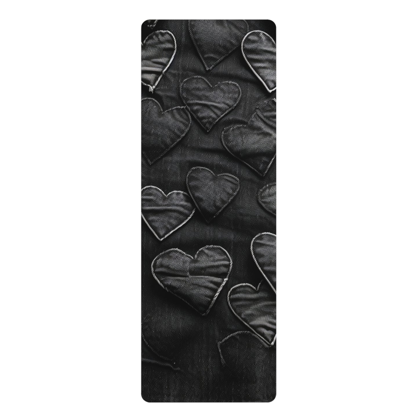 Black: Distressed Denim-Inspired Fabric Heart Embroidery Design - Rubber Yoga Mat