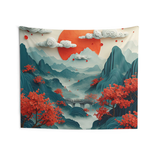 Paper art, mountains, clouds, trees, Chinese ancient painting style, Indoor Wall Tapestries