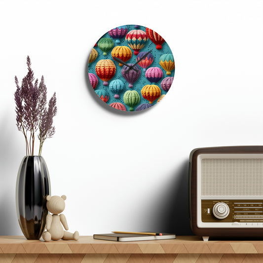 Crochet Hot Air Balloons Sky Travel Transport Scenic Style - Acrylic Wall Clock