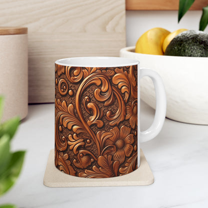 Leather Flower Cognac Classic Brown Timeless American Cowboy Design - Ceramic Mug 11oz