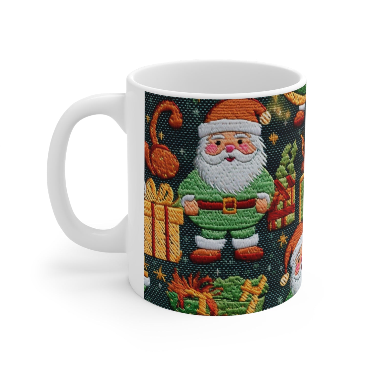 Christmas Santa Claus - Embroidered Presents - Festive Winter Wonderland - Deck the Halls Design - Ceramic Mug 11oz