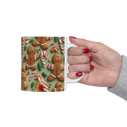 Gingerbread Man Christmas Cookie - Tree - Candy Cane - Ceramic Mug 11oz