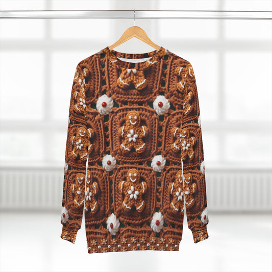 Gingerbread Man Crochet, Classic Christmas Cookie Design, Festive Yuletide Craft. Holiday Decor - Unisex Sweatshirt (AOP)