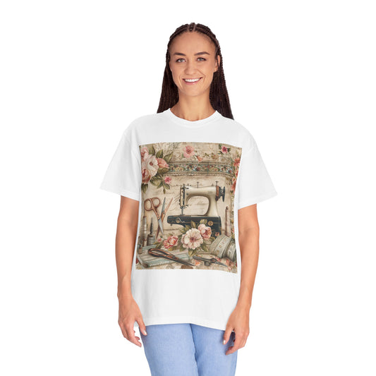 Classic Floral Sewing Ensemble: Vintage-Inspired with Antique Sewing Machine and Scissors - Unisex Garment-Dyed T-shirt