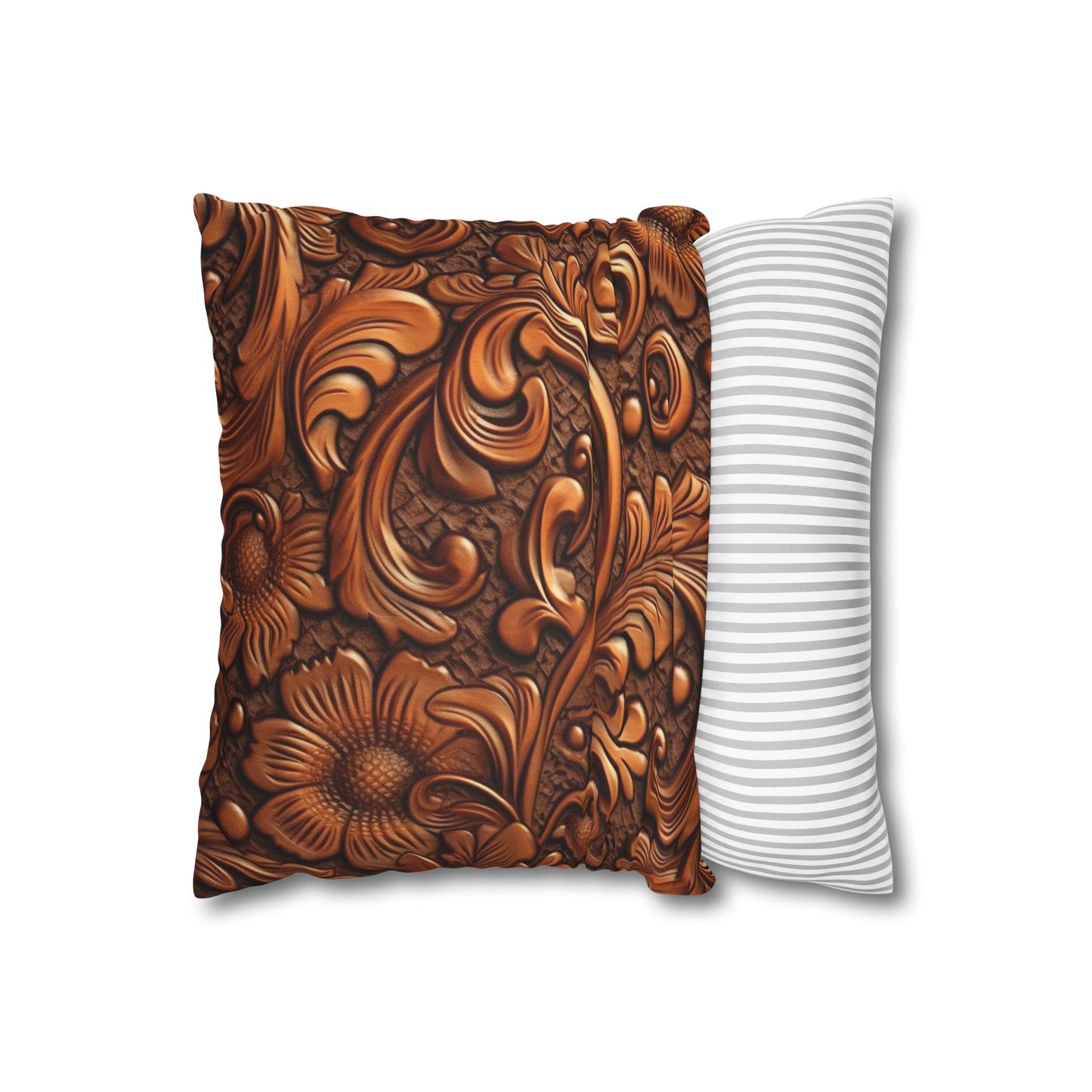 Leather Flower Cognac Classic Brown Timeless American Cowboy Design - Spun Polyester Square Pillow Case