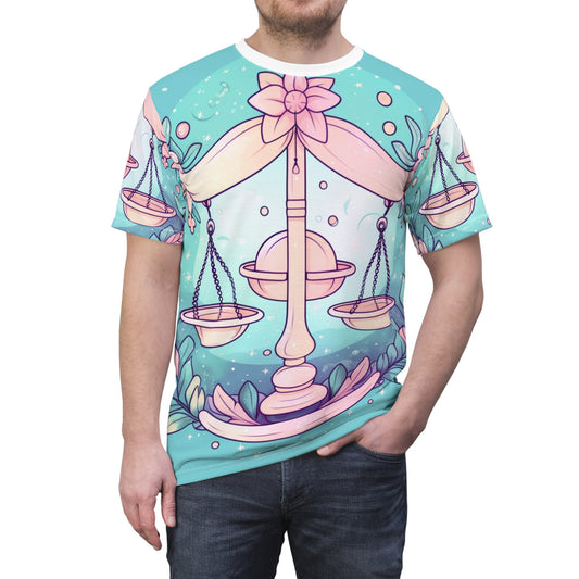 Astrología Libra - Iluminación suave y símbolo de signo del zodíaco pastel - Camiseta unisex cortada y cosida (AOP) 