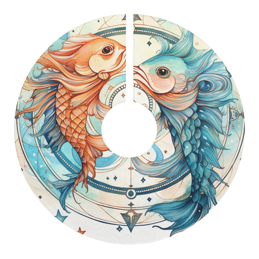 Pisces Zodiac Horoscope - Starry Watercolor & Ink, Hyper-Detailed Fish Christmas Tree Skirts