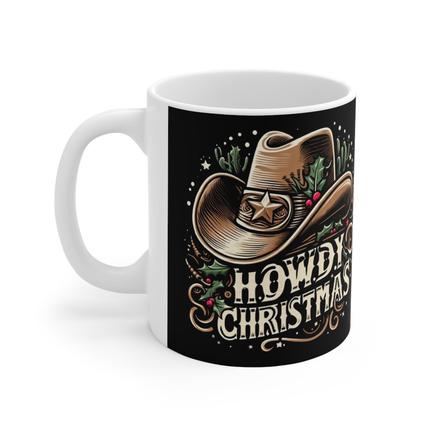 Espíritu navideño vaquero - Saludos navideños occidentales con acebo y estrellas - Taza de cerámica de 11 oz