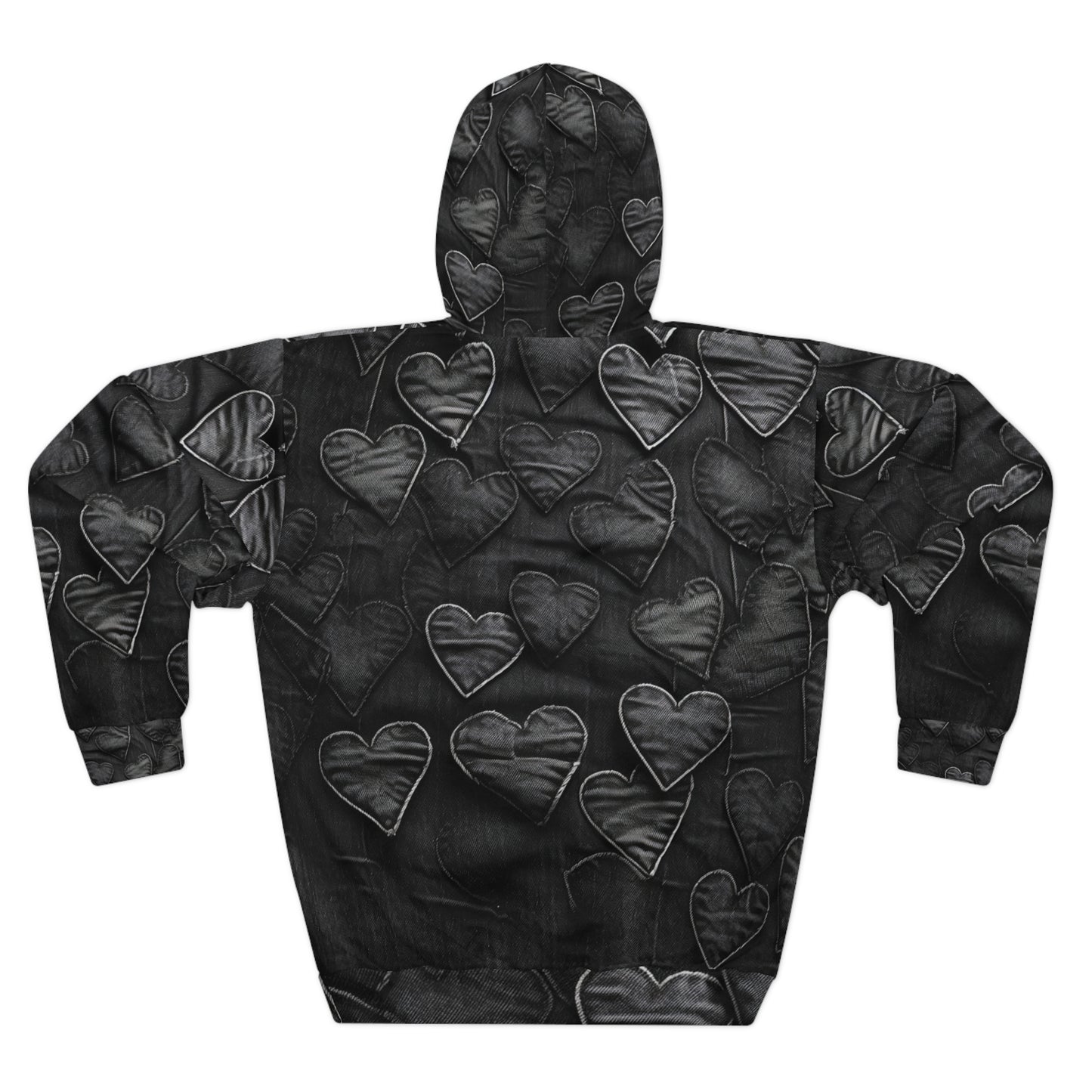 Negro azabache: diseño de bordado de corazón de tela inspirado en mezclilla desgastada - Sudadera con capucha unisex (AOP) 