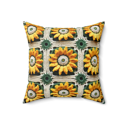 Sunflower Crochet Elegance, Granny Square Design, Radiant Floral Motif. Bring the Warmth of Sunflowers to Your Space - Spun Polyester Square Pillow