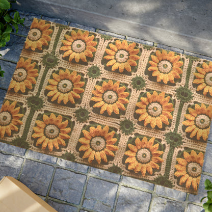 Sunflower Crochet Elegance, Granny Square Design, Radiant Floral Motif. Bring the Warmth of Sunflowers to Your Space - Door Coir Mat