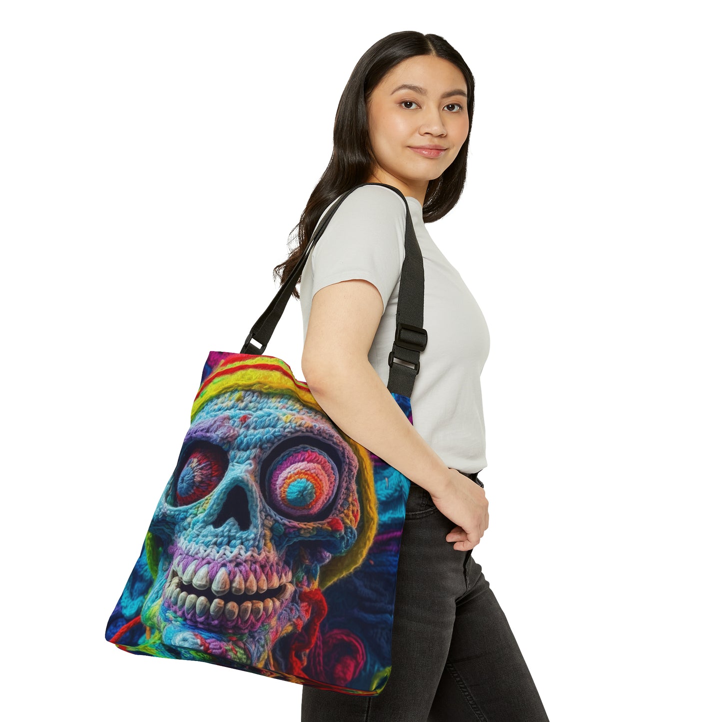 Diseño de terror aterrador de Halloween con calavera de ganchillo - Bolsa de mano ajustable (AOP) 