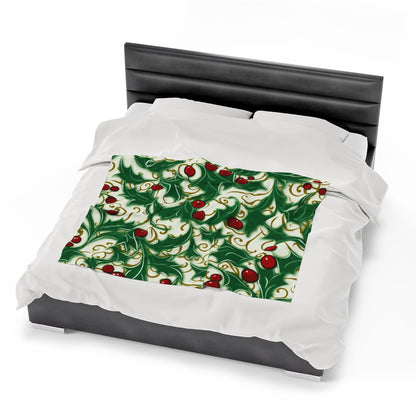 Holiday Elegance: Christmas Holly Swirls Design - Velveteen Plush Blanket