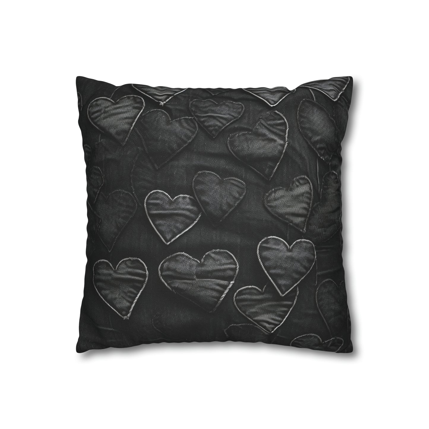 Negro azabache: diseño de bordado de corazón de tela inspirada en la mezclilla desgastada - Funda de almohada cuadrada de poliéster hilado 