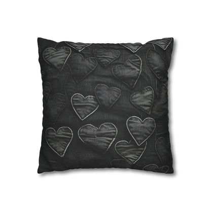 Negro azabache: diseño de bordado de corazón de tela inspirada en la mezclilla desgastada - Funda de almohada cuadrada de poliéster hilado 