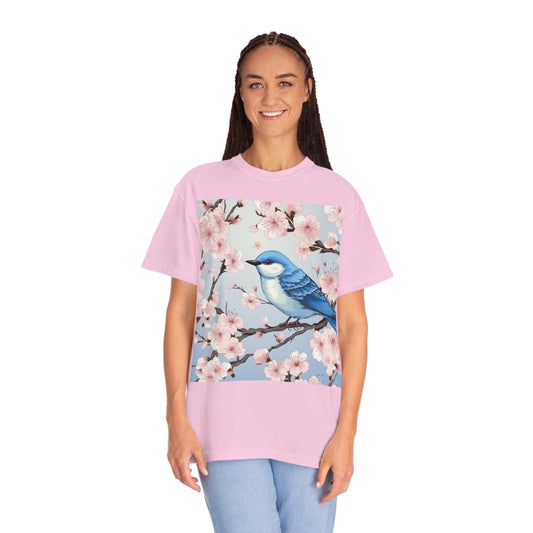 Cherry Blossom Tree Blue Bird Camiseta unisex teñida de ropa 