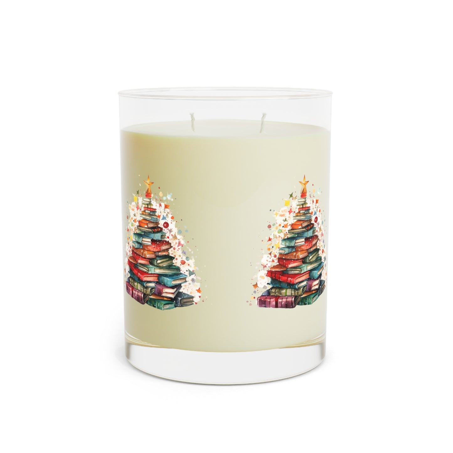 Book Stack Christmas Tree, Festive Holiday Illustration, Cozy Winter Reading Theme, Seasonal Book Lover Artwork - Scented Candle - Full Glass, 11oz