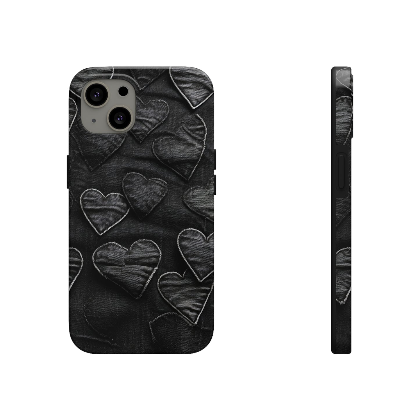 Black: Distressed Denim-Inspired Fabric Heart Embroidery Design - Tough Phone Cases